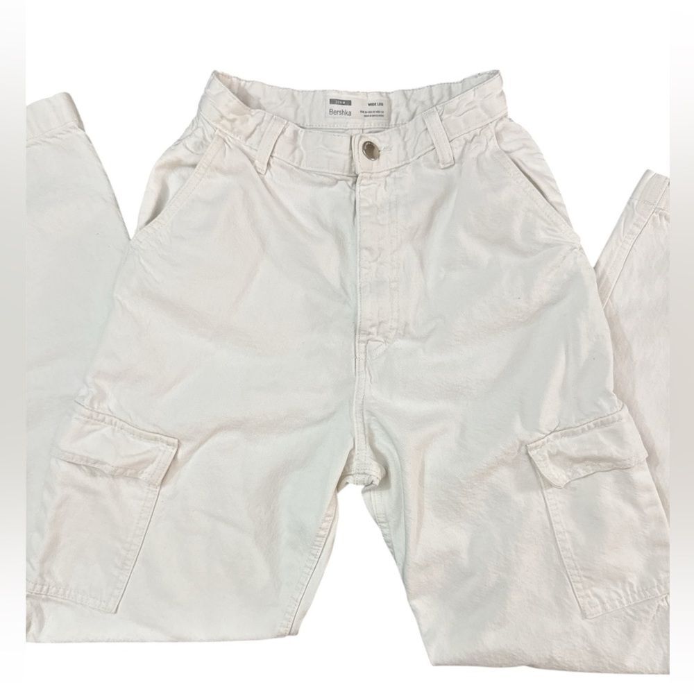 Bershka White High Waist Wide Leg Cargo Pants - Size 2